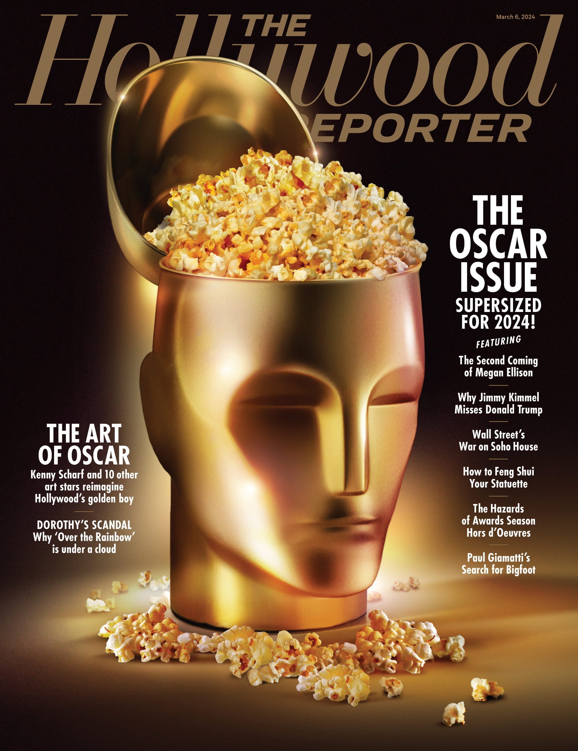 The Hollywood Reporter - 24.03.06 Edition: The Oscar Issue Supersized For 2024, Second Coming Of Megan Ellison, Why Jimmy Kimmel Misses Donald Trump, Kenny Scharf + 10 Artists Redesign Gold Man & More